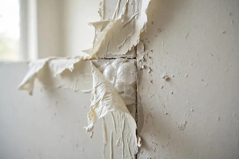 Drywall joint tape bubbling and peeling away from a wall seam (illustrative photo)