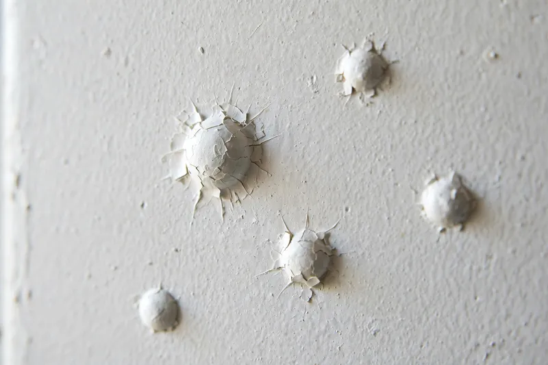 Close-up of nail pops pushing through painted drywall (illustrative photo)