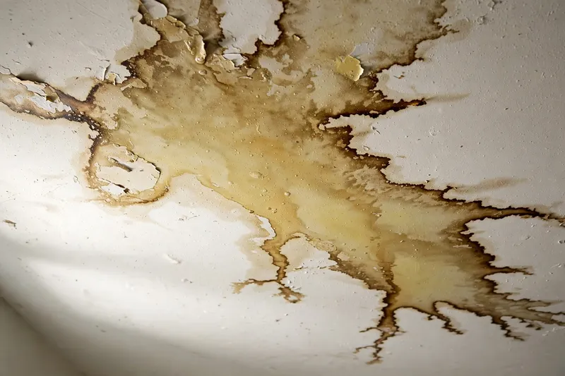 Brownish water stain spreading across a drywall ceiling (illustrative photo)